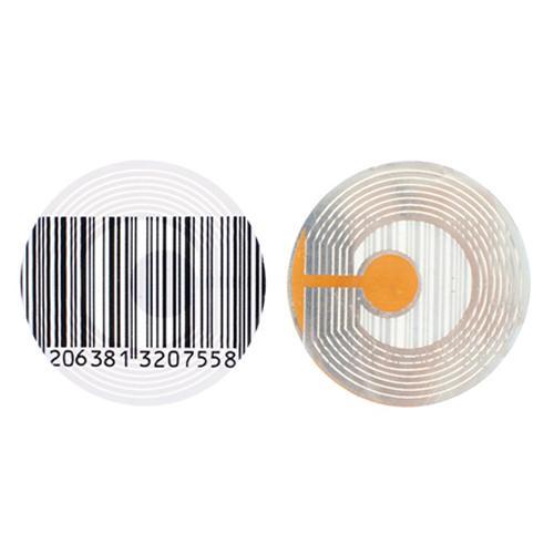 1.574" Label round Security Label used by retailers to protect merchandise from shoplifting and theft. has fake barcode on it and has circuit to generate 8.2MHz RF signal for EAS equipment