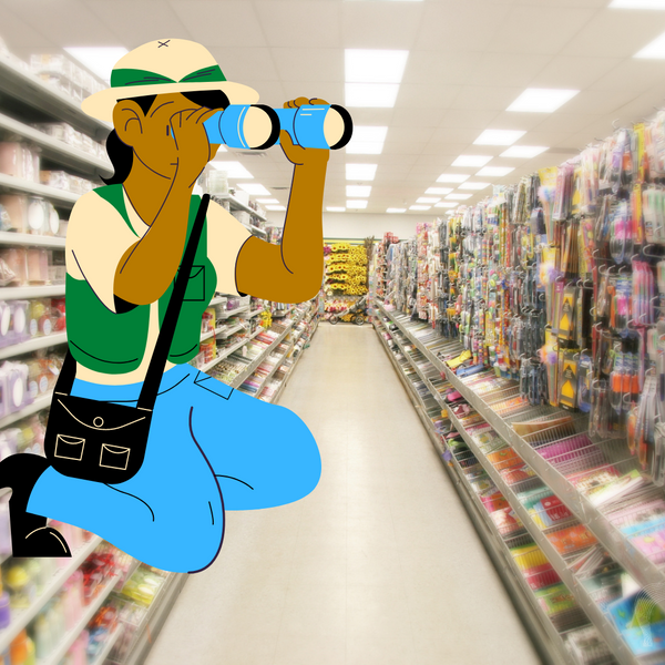 Someone in safari gear using binoculars in a store to find shoplifters